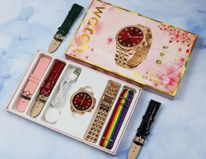 Ladies Smart Watch - Gen 9 Max Diamond Stainless-Still Amoled Display 4 Straps BT Calling Smart Notifications Smartwatch (Rose Gold Strap/Black/Green/Red Leather Strap) with On/Off Brand Logo & Wireless Charging - Image 4