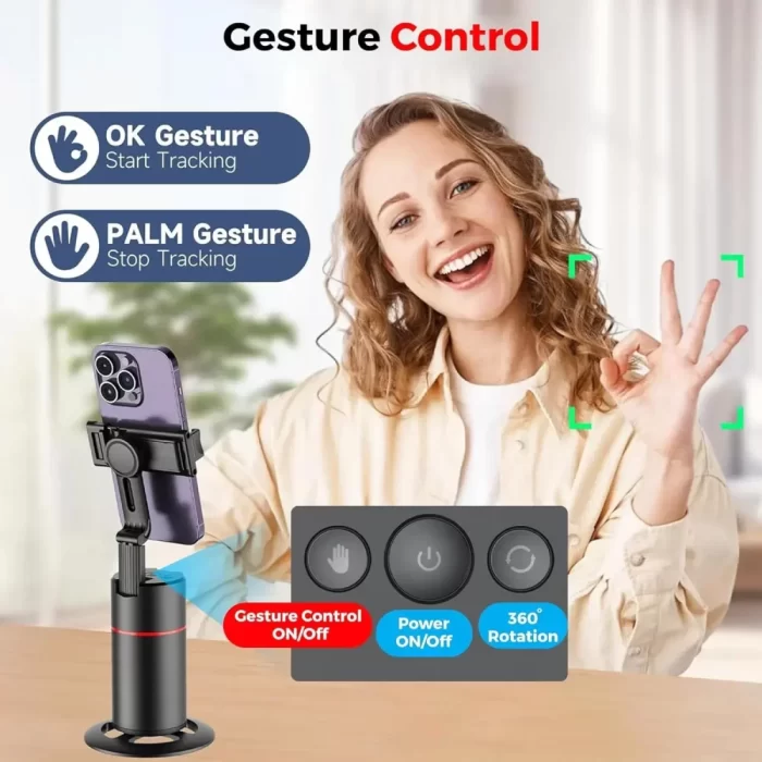 Auto Face Tracking Tripod,360° Rotation Mobile Holder for Smart Video&Photo Shooting with Remote,No App Needed,Gimbal Stabilizer with Gesture Control for Vlog,Streaming & Video Recording,Black - Image 2
