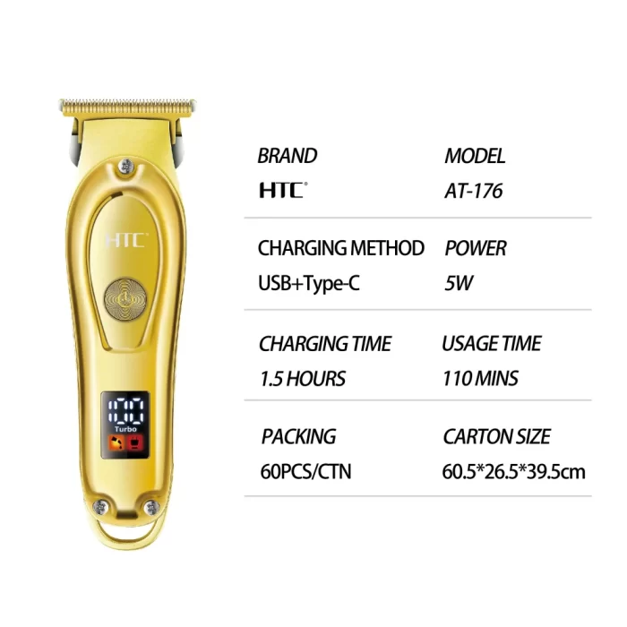 HTC AT-176 Golden Color Blade New Patent Design Total Metal Cover With LED Display Lithium Battery T-Blade Hain Clipper For Men - Image 5
