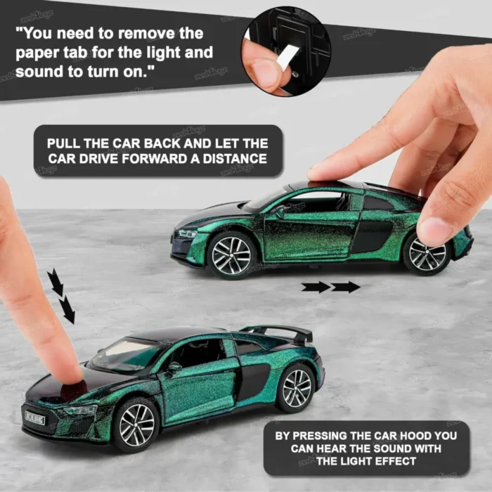 Diecast Toy Cars 1:32 Audi R8 Model Diecast Car Green | Alloy Diecast Model Car | Pull Back Power Friction Vehicles Push and Go Crawling Toy with Openable Doors | Sound and Light Car - Perfect Gift for Kids - Image 5