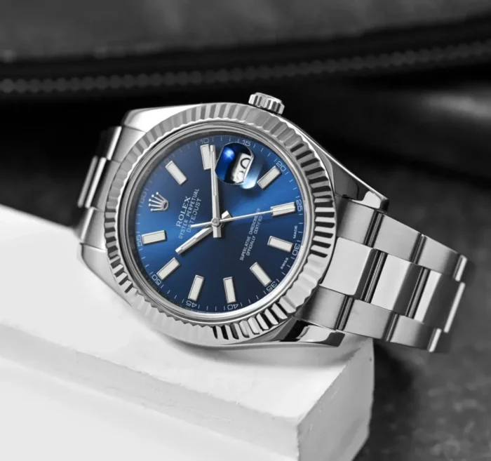 Rolex Oyster Perpetual Day Date Quartz Watch - Silver with Blue Dial - Image 2